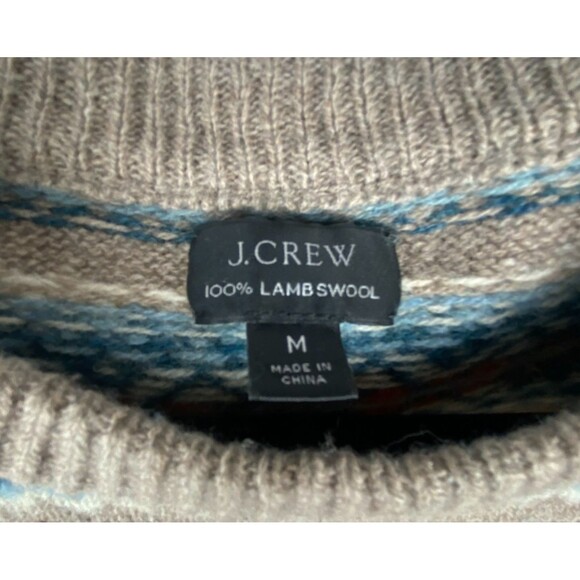 J.CREW Sweater Mens Medium Tan Orange Blue Fair Isle Stripe 100% Lambswool Soft - Picture 9 of 11
